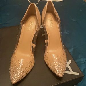 Transparent nudge rhinestone heels.
